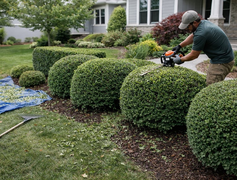 Professional landscaper using a power hedge trimmer to shape round bushes in a residential garden.