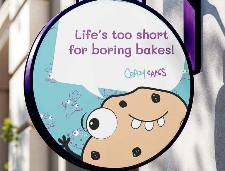 A round hanging outdoor bakery sign for Crazy Cakes featuring a cartoon cookie character and the slogan Life's too short for