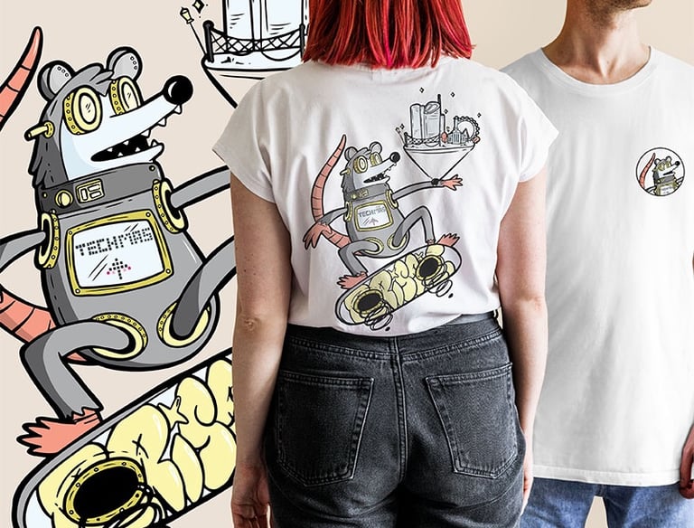 Custom graphic t-shirts featuring a cartoon tech rat character on a skateboard with urban graffiti art.