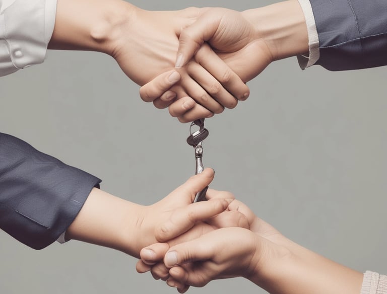 A friendly designer discussing plans with clients over blueprints in a cozy studio.