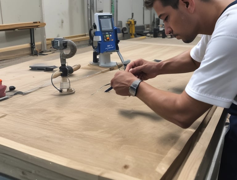 A friendly designer discussing plans with clients over blueprints in a cozy studio.