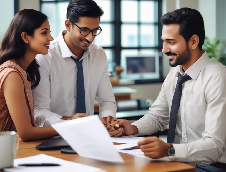 A small business owner happily discussing loan options with a financial advisor.