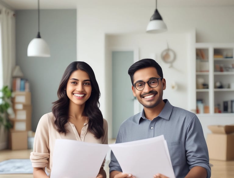 A family standing in front of their new home, smiling and holding keys.