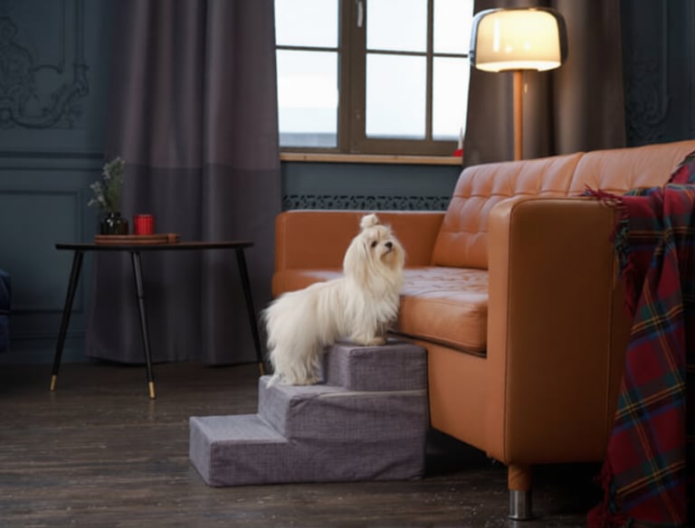 Kleine witte hond die een grijs hondentrapje gebruikt om veilig op een bruine bank te klimmen