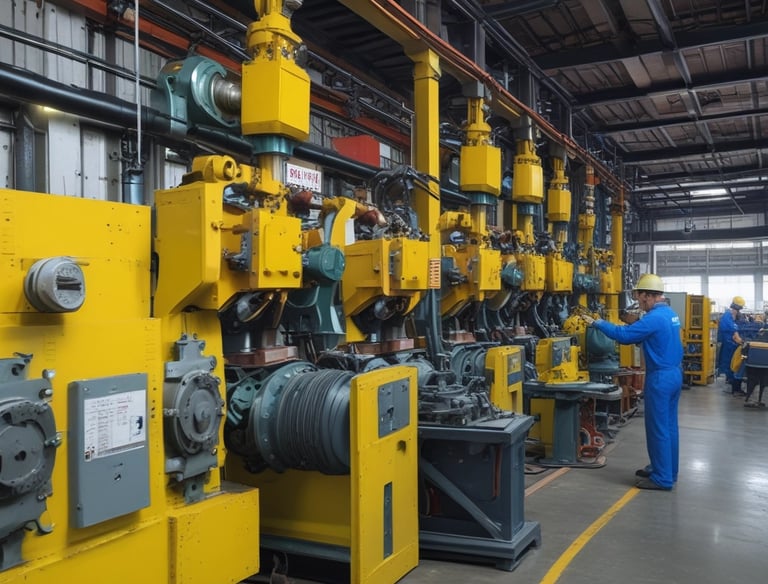 Technician performing industrial metal machinery maintenance in a factory setting.