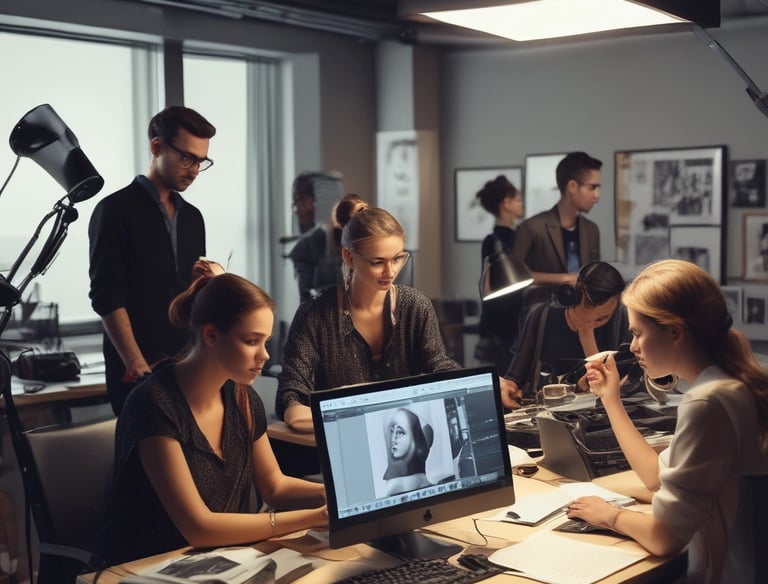 A sleek camera rig set up on a dimly lit film set with crew members preparing for a shoot.