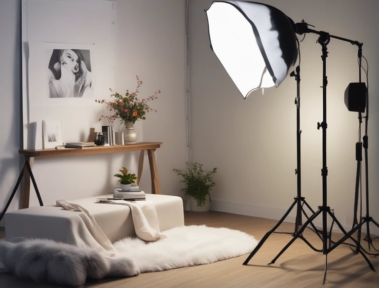A sleek camera rig set up on a dimly lit film set with crew members preparing for a shoot.