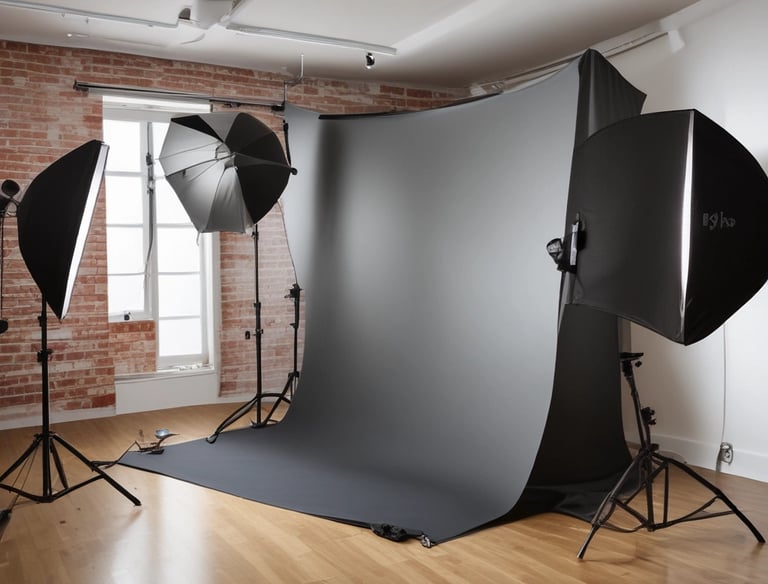 A sleek camera rig set up on a dimly lit film set with crew members preparing for a shoot.