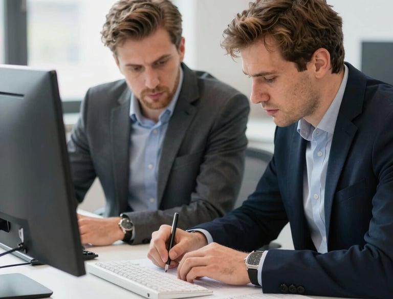 Technician consulting with client over hotmelt system blueprints in industrial setting