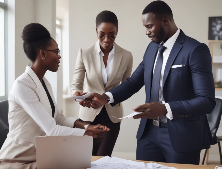 A business consultant advising African clients in a modern office setting in China.