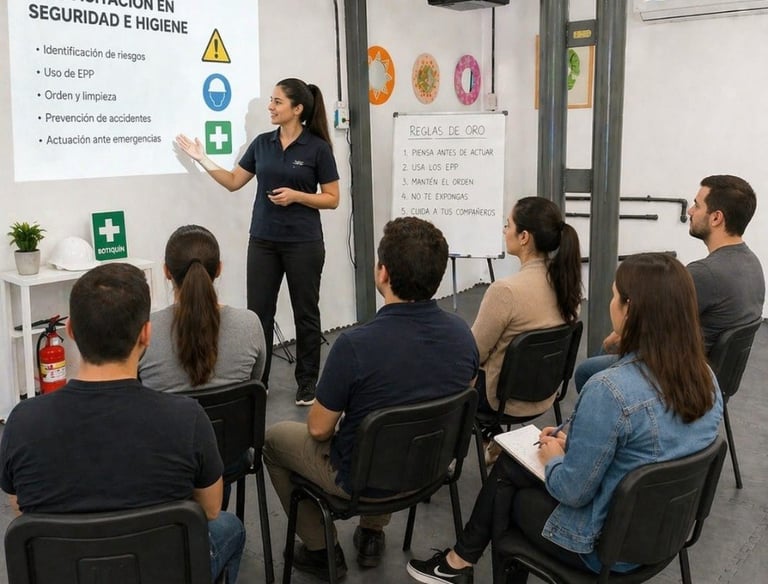 Professional instructor leading a workplace safety and hygiene training seminar for employees.
