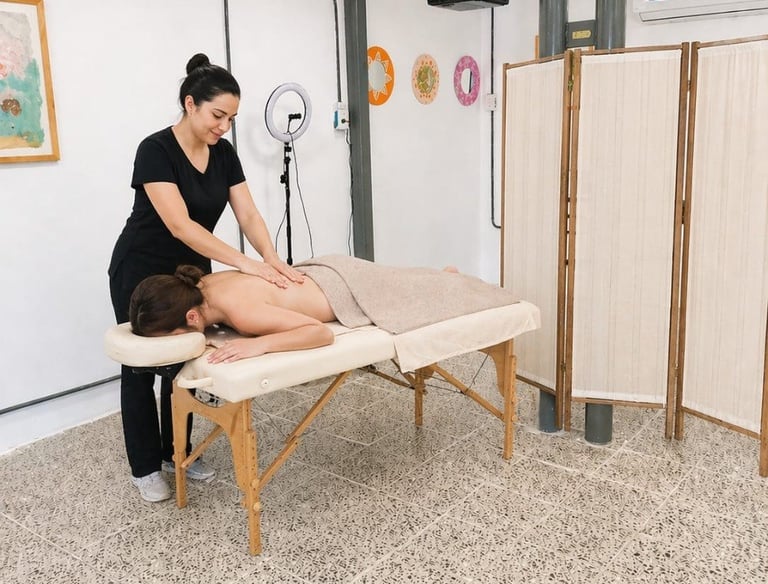 A professional massage therapist performing a back massage on a client in a bright, modern wellness studio.