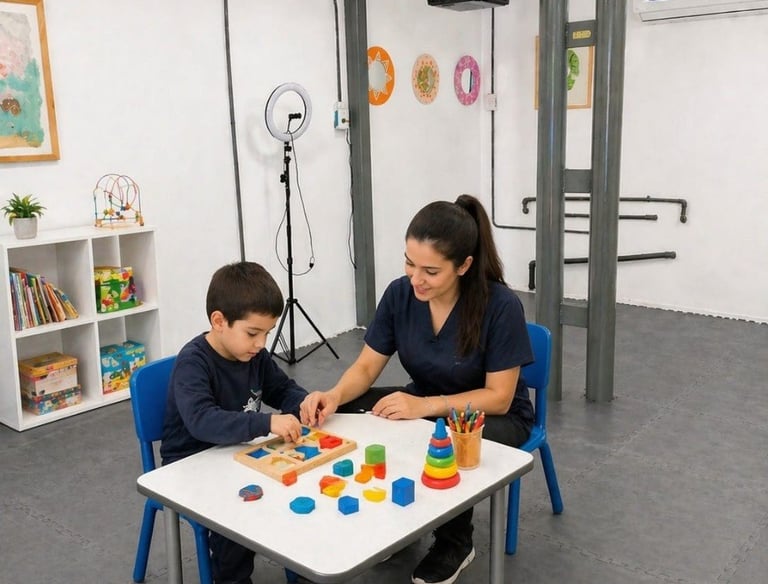 A therapist uses educational wooden shape puzzles during a pediatric occupational therapy session with a child.