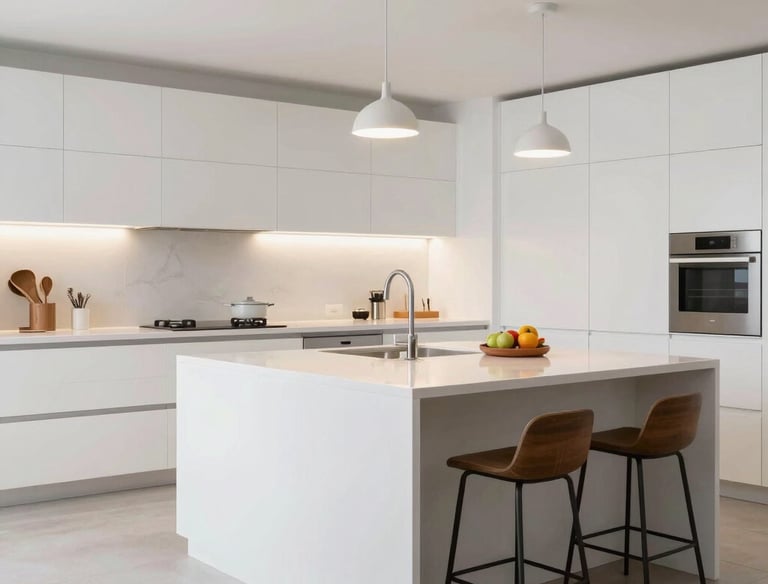 A bright kitchen with new cabinetry, granite countertops, and stainless steel appliances.