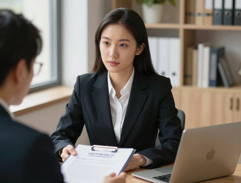 A landlord reviewing rental applications on a laptop at a sunlit kitchen table.