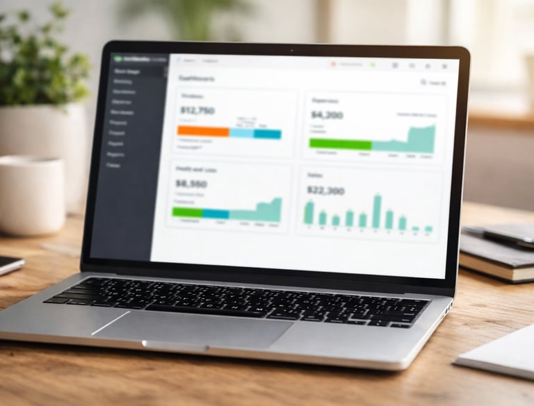 Laptop on a wooden desk displaying a financial business dashboard with analytics charts and sales data.