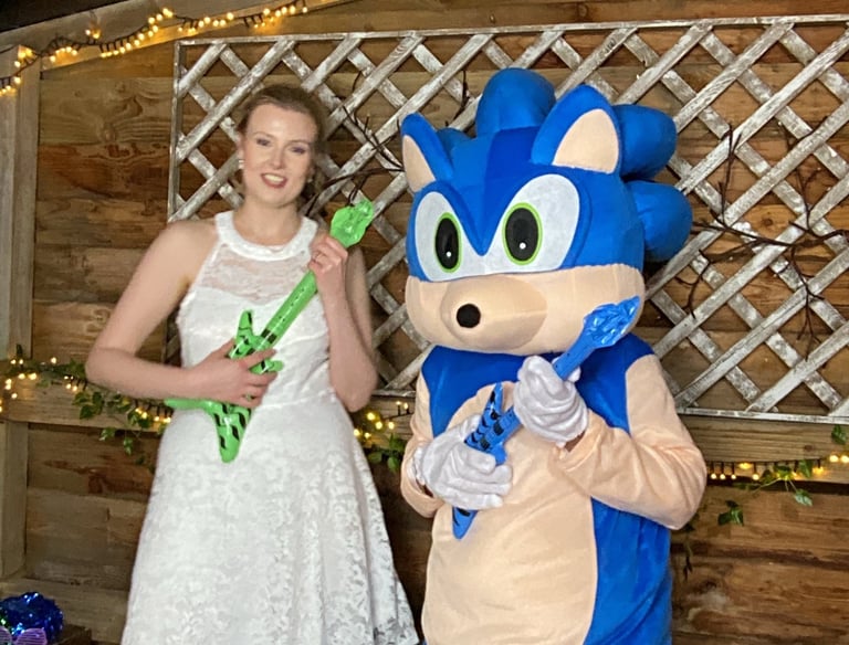 wedding in worcester with tykie time entertainment photo booth and mascot sonic