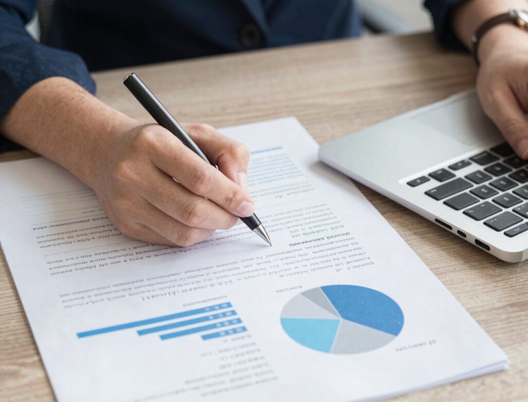 A professional reviewing detailed financial charts and real estate market data on a laptop.