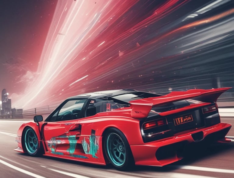 Motion-blur effect on a high-performance car accelerating on a dark urban street.