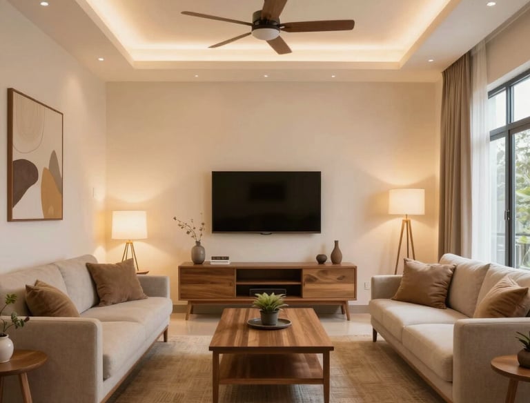 Before-and-after image of a cluttered Kerala-style living room on the left and a neatly organized, airy space on the right.