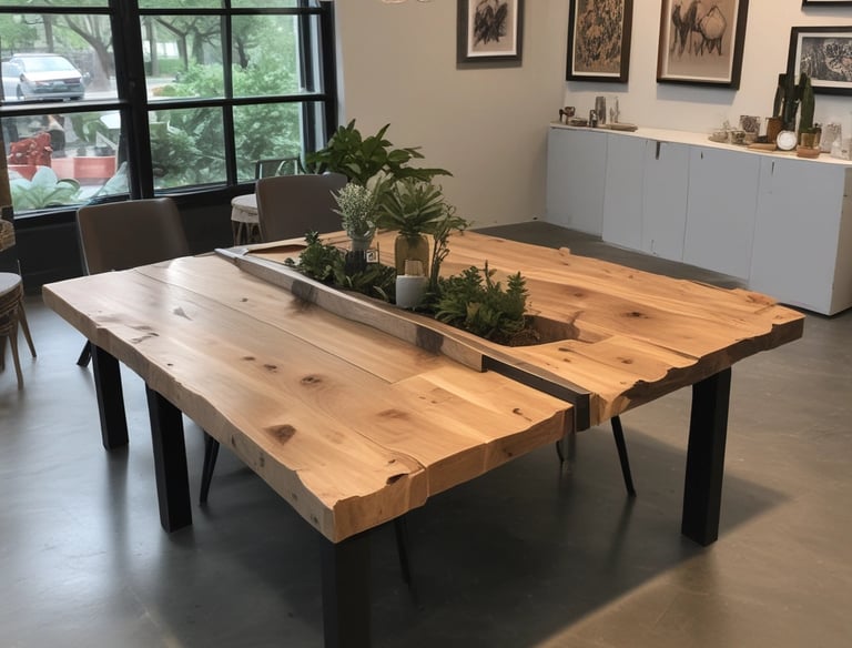 Close-up of a craftsman measuring a natural wood slab for a custom dining table.