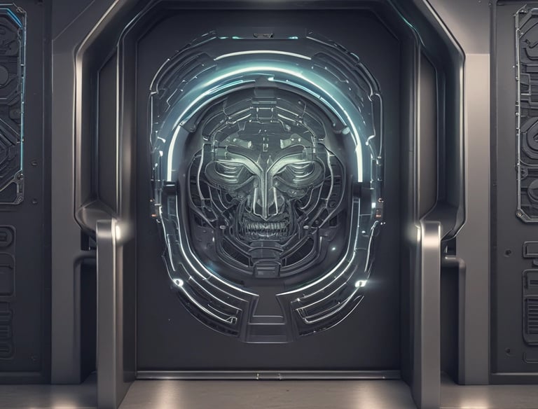 Holographic glass panels displaying biometric shield graphics with neon glitch effects.