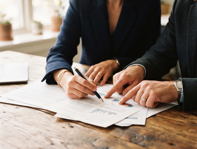 Close-up of two professionals reviewing documents on a wooden table, warm natural window light casting soft shadows, focus on hands and paper, professional and respectful atmosphere, 35mm
