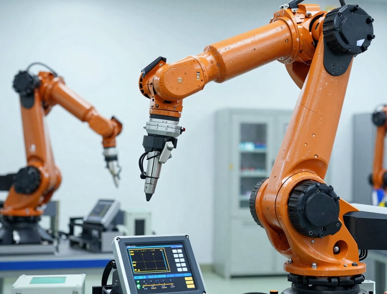Technician programming an industrial PLC control panel with machinery in the background