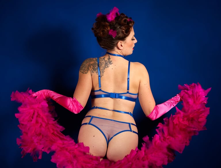 Glamour. Femme lingerie bleue, boa et gants rose.