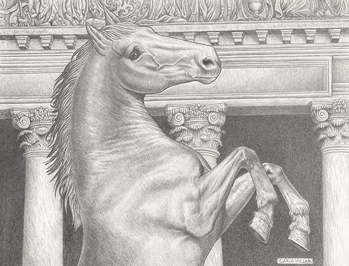 A pencil drawing of a rearing horse in front of an elaborate pillared structure.