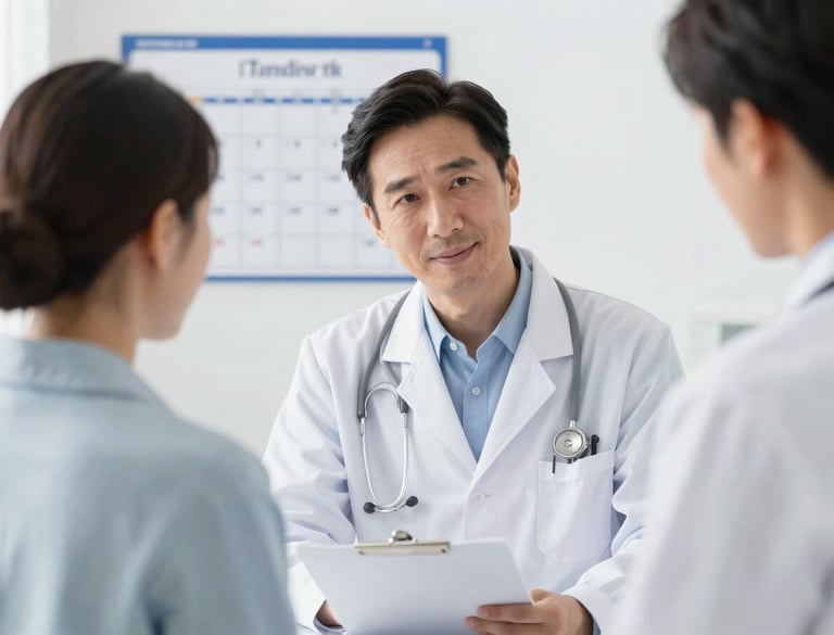 Doctor reviewing a patient's chart with a caring expression, a calendar visible in the background, warm and professional interaction, soft clinical light, blue and white tones.