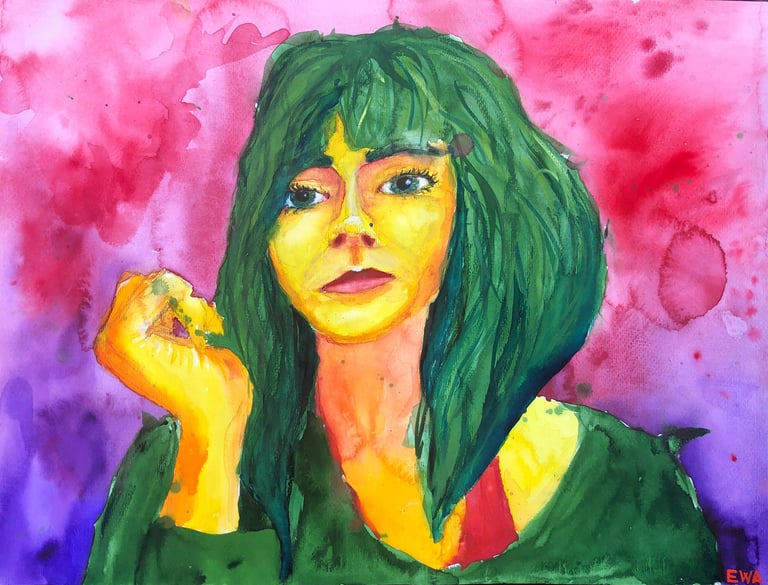 a painting of a woman with green hair