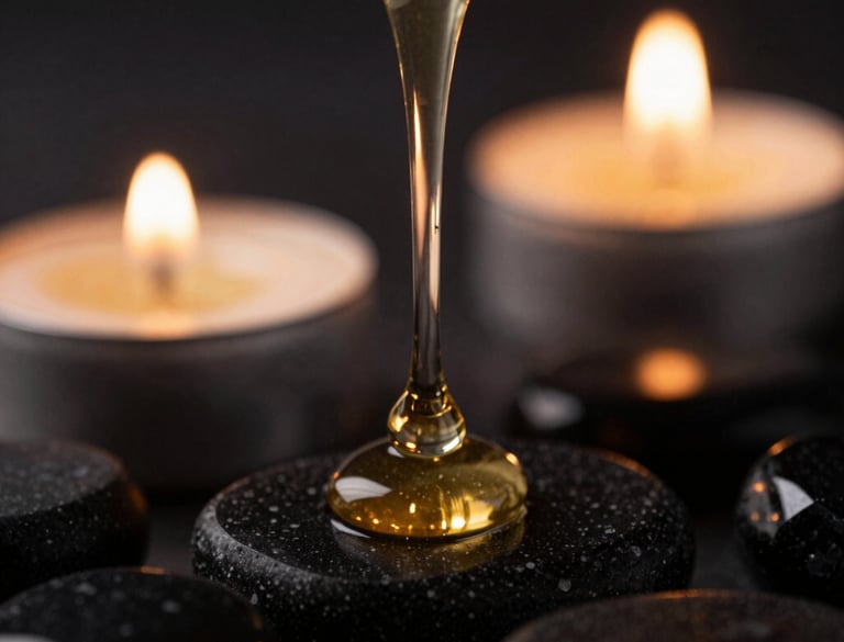 Macro detail of warm champagne gold essential oil dripping onto basalt stones, dark obsidian background, dramatic candle light, 35mm photography