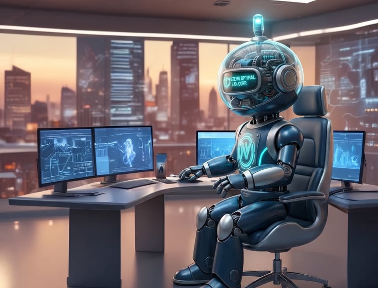 Futuristic AI robot sitting at a high-tech desk with computer monitors in a modern city office at sunset.