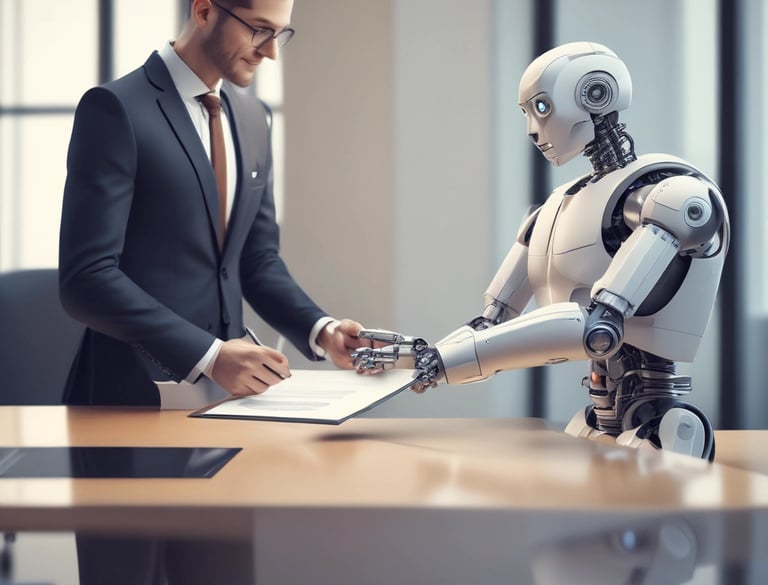 A businessman in a suit signs a legal contract held by a humanoid AI robot in a modern office.