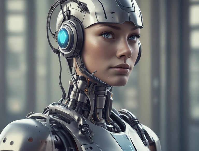 A futuristic female cyborg with realistic facial features and a complex metallic robotic body.