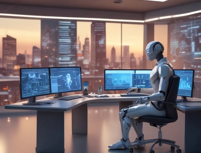 A futuristic AI robot working at a multi-monitor desk in a modern office overlooking a city skyline at sunset.