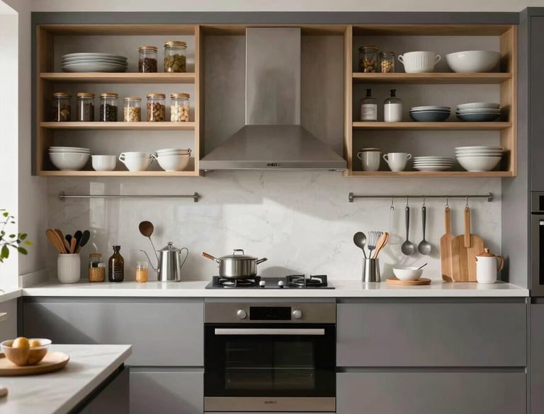 A spacious, clutter-free kitchen mid-transformation with boxes and labels.