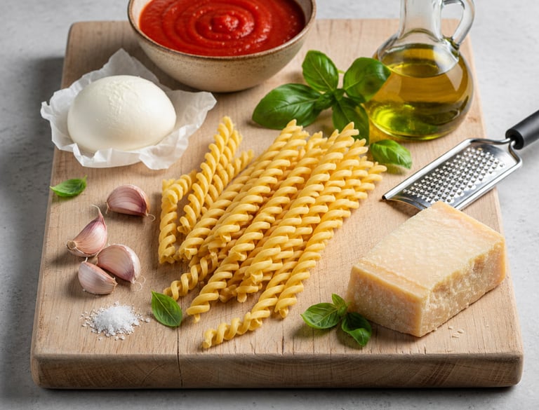 Fusilli pasta ingredients including tomato sauce, mozzarella, parmesan cheese, olive oil, and garlic on a wooden board.