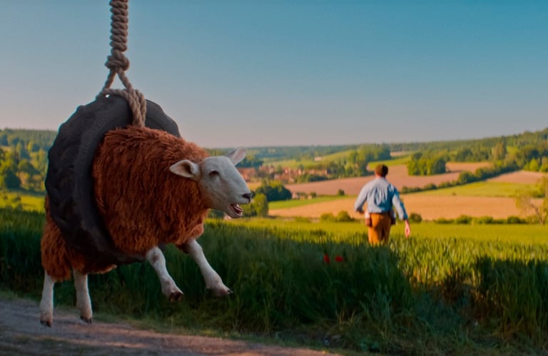 A sheep hanging on a tree swing tyre