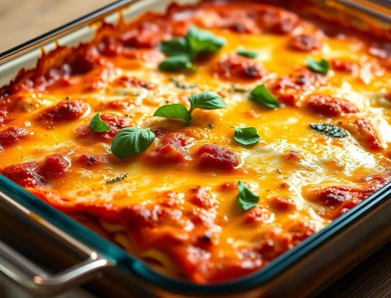 a casserole dish with cheese and sauce
