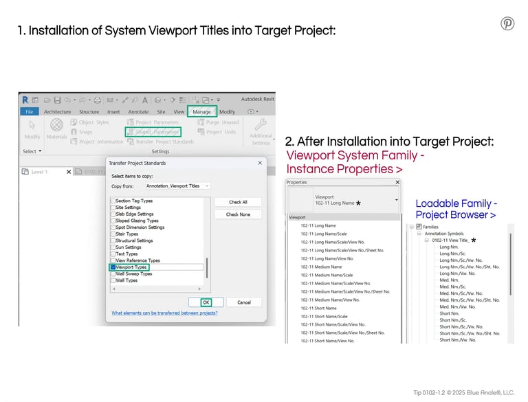 Tip 0102-1.2, Revit images explaining installation steps of Viewport & View Title Family.