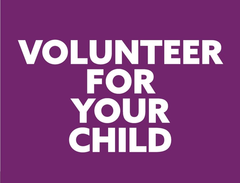 a violet colored rectangle with the words "Volunteer for your child" in it