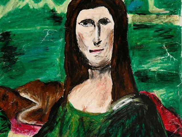 A crude, expressionist painting of the Mona Lisa with dark brown hair and a green background.
