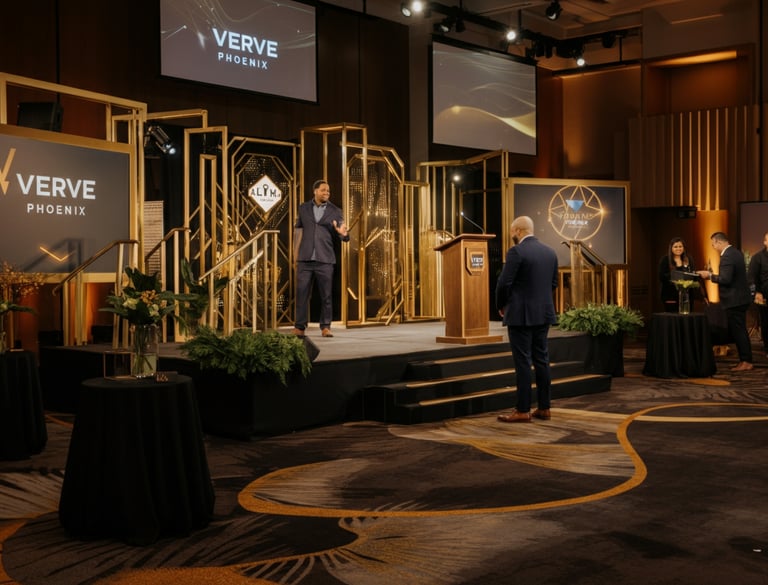 Verve Phoenix event showcasing corporate networking and employee engagement activities in a gold and black-themed conference