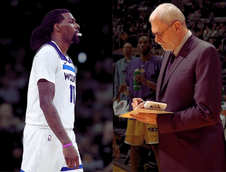 Left: Naz Reid of the T-Wolves during game 5 vs. Spurs (May 12, 2026). Right: Phil Jackson coaching the Lakers (Nov. 9, 2007)