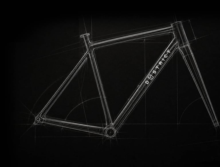 A technical hand-drawn sketch of a Dystrict bicycle frame design on a black background.