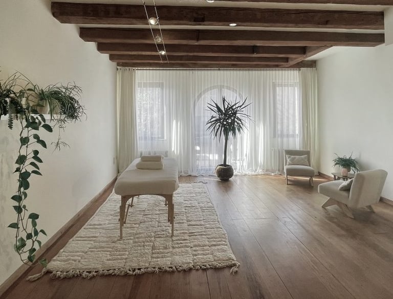 a spacious massage studio with a massage table and a plant