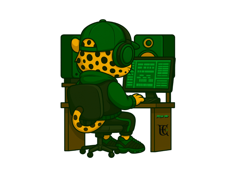  Leopardo Fresh CBD frente a ordenador con gorra y sudadera, estilo oficina