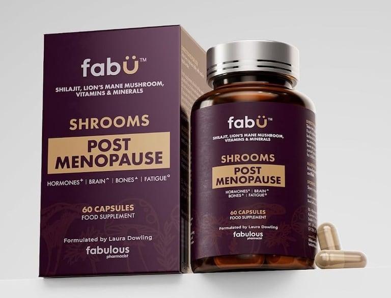 Fabü Shrooms Post Menopause food supplement bottle and box featuring Shilajit and Lion's Mane mushroom.